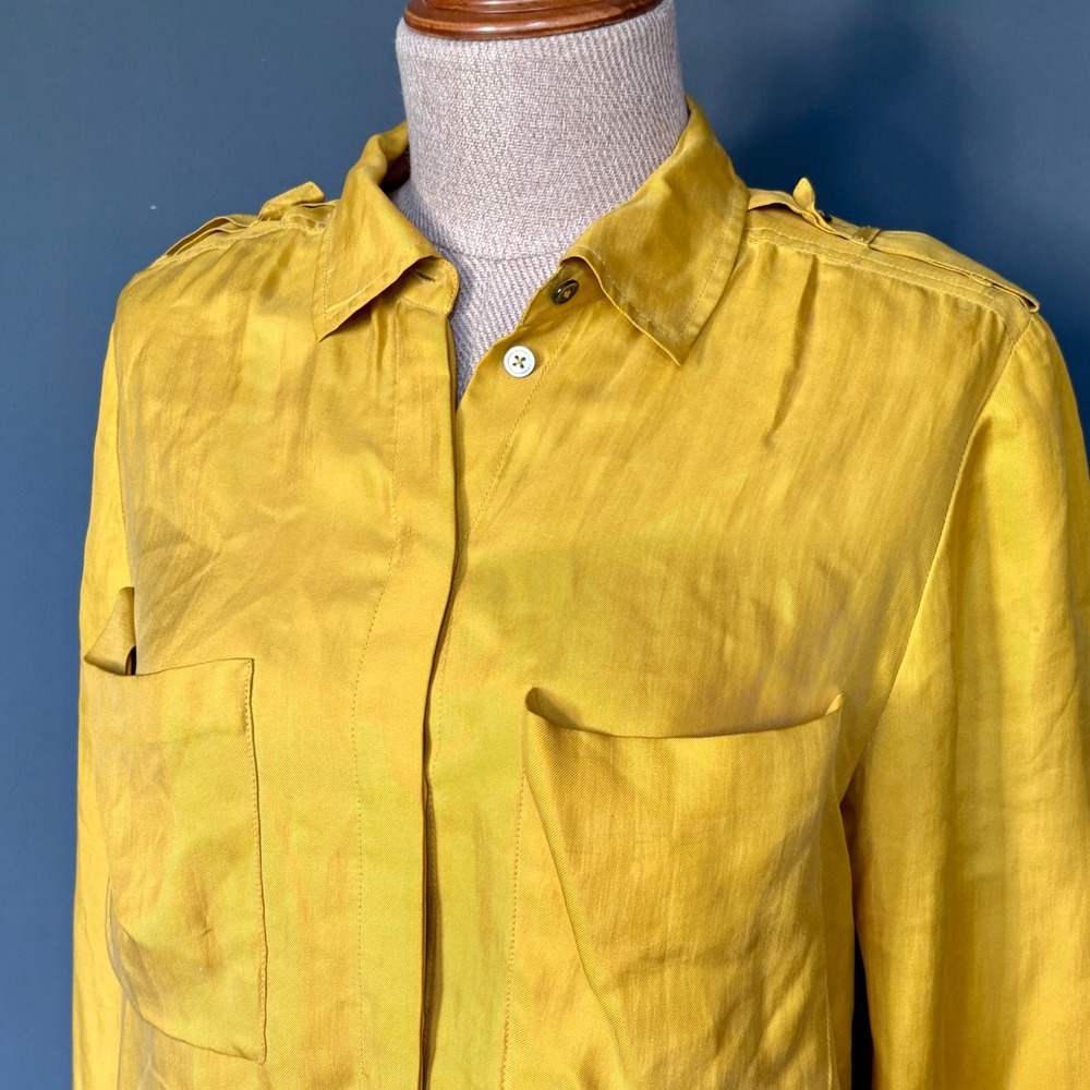 Whistles Golden Silk Utility Blouse Mustard Yellow Epaulettes | Sz 4
